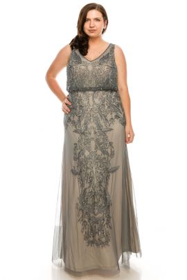 Adrianna Papell Pewter Silver Sleeveless Beaded Gown (PLUS SIZE)