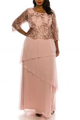 Le Bos Plus Size Embroidered Bodice Tiered Gown