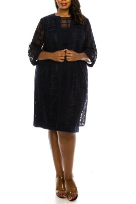 Maya Brooke Plus Size Navy Textured Window Pane Topper Jacket Dress