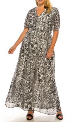 Shelby & Palmer White Black Multi Print Short Sleeve Maxi Dress