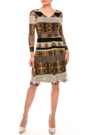 Nine West Long Sleeve V-Neck Ruched Waist Multi Jersey Dress