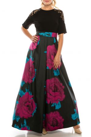 Ignite Evenings Black Multi Long Crepe & Twill Evening Dress