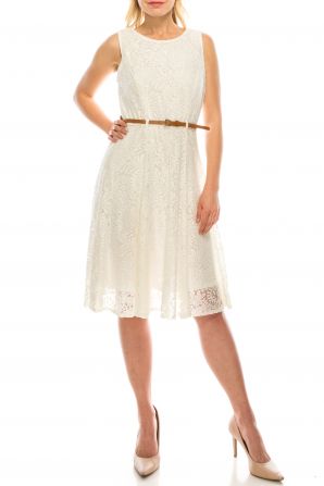 Sharagano Crew Neck Sleeveless Belted Ornament Pattern Lace Dress