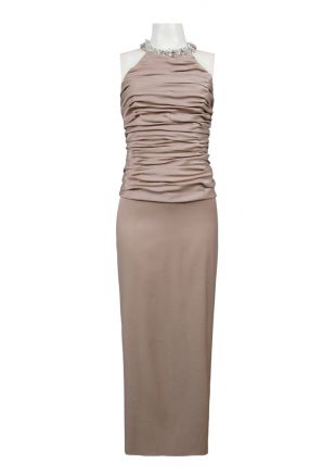 Cachet Halter Neck Embellished Neck Ruched Bodice Dress