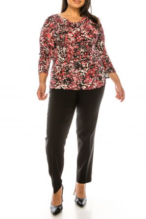 Alex Evenings Black Cerise Mulit Print 3/4 Sleeve Blouse