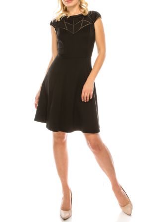 Adrianna Papell Day Cap Sleeve Mesh Trim Neckline Cutout Back Scuba A-Line Dress