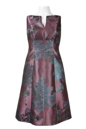 Adrianna Papell Day Split Neck Sleeveless Zipper Back Floral Metallic Jacquard Dress (Petite)
