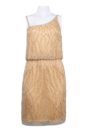 Adrianna Papell Asymmetrical Neckline Bead Pattern Mesh Blouson Short Dress