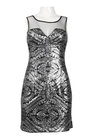 Adrianna Papell Illusion Slit Neckline Metallic Silver Sequin Pattern Dress (Petite)