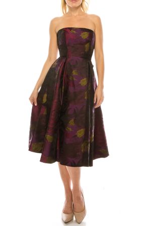 Adrianna Papell Strapless Empire Waist Pleated A-Line Brocade Floral Dress