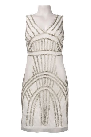 Adrianna Papell V-Neckline Diamond Cutout Back Bead Pattern Mesh Short Dress