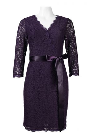 Adrianna Papell 3/4 Sleeves Surplice Neckline Bow Side Lace Dress