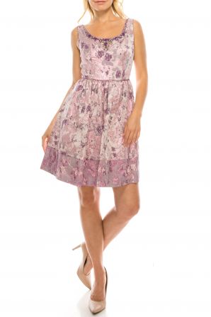 Adrianna Pappell Purple Multi Floral Jacqaurd A-Line Party Dress