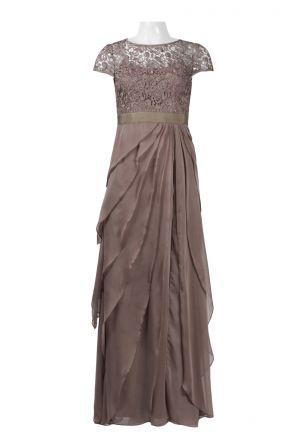Adrianna Papell Boat Neck Short Sleeve Lace Bodice Zipper Back Cascading Tier Chiffon Dress