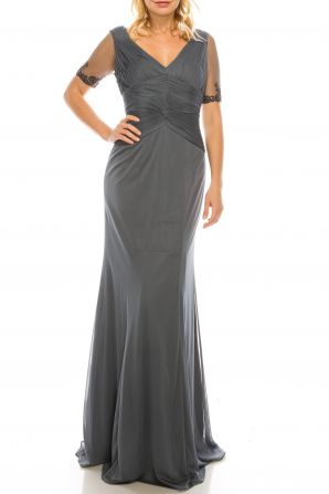 Adrianna Papell Smoke Long Evening Dress with Pleated Bodice