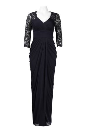 Adrianna Papell Floral Lace Sleeve Cutout Back Draped Front Jersey Mesh Dress