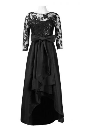 Adrianna Papell Boat Neck 3/4 Sleeve Bow Waist High-Low Hem Lace & Taffeta Dress