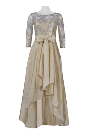 Adrianna Papell Boat Neck 3/4 Sleeve Bow Waist High-Low Hem Lace & Taffeta Dress