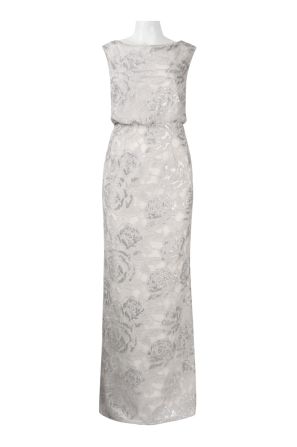 Adrianna Papell Boat Neck Cap Sleeve Blouson Sequined Embellished Mesh Dress