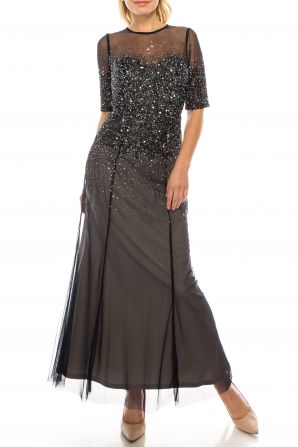 Adrianna Papell Half Sleeve Sequin Illusion Mesh Dress (Petite)
