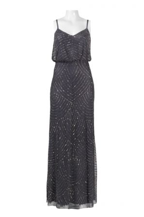 Adrianna Papell V-Neckline Bead Pattern Ankle Length Mesh Blouson Dress