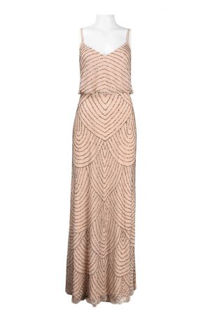 Adrianna Papell V-Neckline Bead Pattern Ankle Length Mesh Blouson Dress