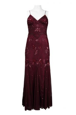 Adrianna Papell Spaghetti Strap V-Neckline Floral Sequin Pattern Mesh Dress (Petite)