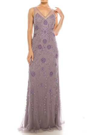 Adrianna Papell Illusion V-Neckline Sequin Floral Pattern Mesh Overlay Dress