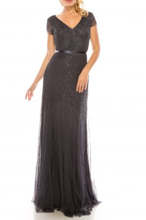 Adrianna Papell Gunmetal Beaded Sheath Evening Dress