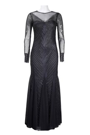 Adrianna Papell Long Sleeve Illusion Neckline Linear Bead Detail Flutter Hem Mesh Dress