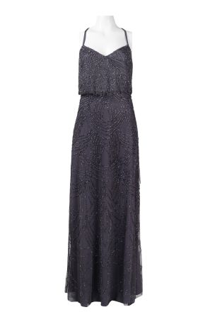 Adrianna Papell V-Neckline Criss Cross Back Long Mesh Beaded Dress