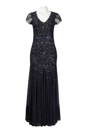 Adrianna Papell Cap Sleeve V-Neck Beaded Long Flutter Mesh Dress