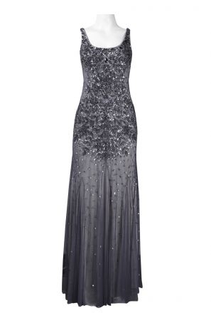 Adrianna Papell Square Neck Bead and Sequin Flutter Hem Mesh Long Dress