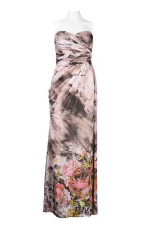 Adrianna Papell Strapless Sweetheart Neckline Draped Side Multi Floral Chiffon Dress