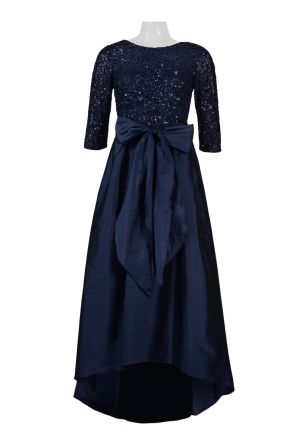 Adrianna Papell Boat Neck 3/4 Sleeve Zipper Back Sequined Bodice High Low Mech Tafetta Dress