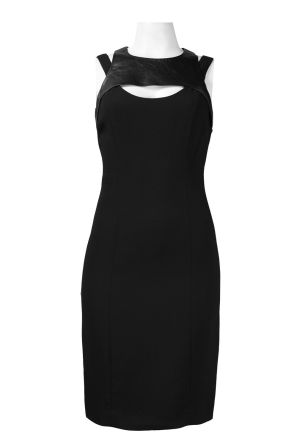 Adrianna Papell Sleeveless Faux Leather Shoulder Cutout Front Crepe Dress