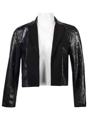 Adrianna Papell Notched Collar Open Front Long Sleeve Laser Cut Faux Leather Jacket
