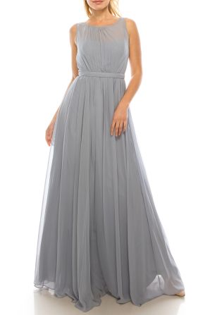 Adrianna Papell Illusion Bateau Neck V-Back Ruched Chiffon Dress