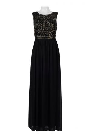 Adrianna Papell Boat Neck Sleeveless Embellished Bodice Ruched Chiffon Dress