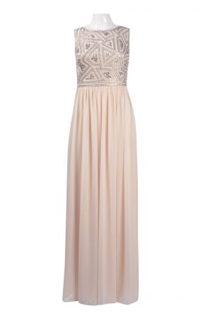 Adrianna Papell Boat Neck Sleeveless Embellished Bodice Ruched Chiffon Dress