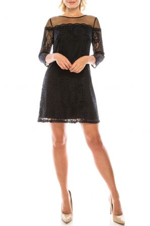 Adrianna Papell Black Navy Mesh & Embroidered Lace Sheath Dress