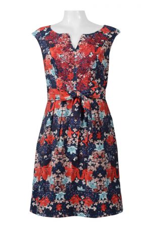 Adrianna Papell Day Split Neck Sleeveless Zipper Back Tie Waist Floral Print Viscose Dress (Petite)