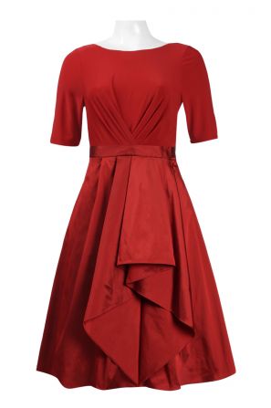 Adrianna Papell Boat Neck Short Sleeve Zipper Back Pleated Solid Jersey Tafetta Dress