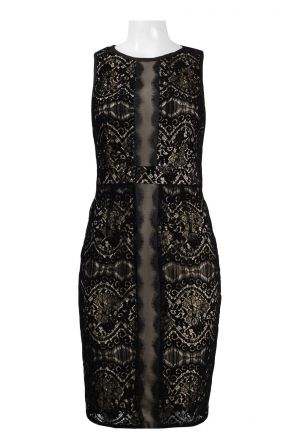 Adrianna Papell Crew Neck Sleeveless Zipper Back Illusion Velvet Lace Dress