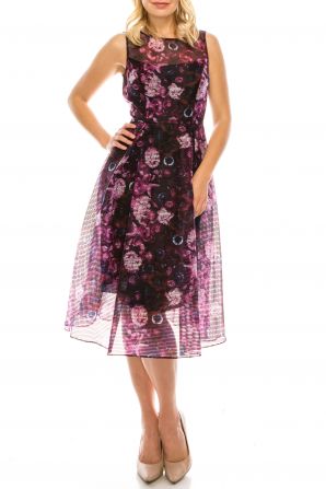 Adrianna Papell Boat Neck Sleeveless Zipper Back Box Pleat Multi print Organza Dress