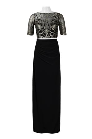 Adrianna Papell Boat Neck 3/4 Sleeve Zipper Back Embroidered Mesh Bodice Jersey Dress