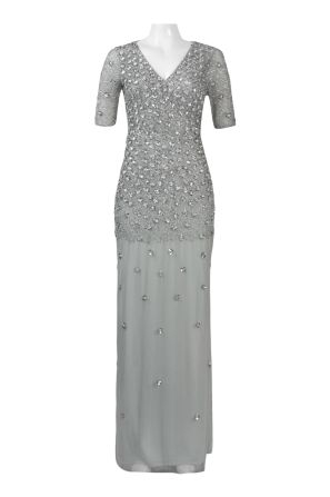 Adrianna Papell V-Neck 3/4 Sleeve Zipper Back Bodycon Embellished Mesh Dress
