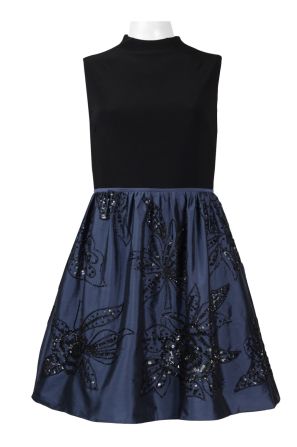 Adrianna Papell High Neck Sleeveless Zipper Back Solid Jersey Bodice Embellished Ruched Tafetta Dress