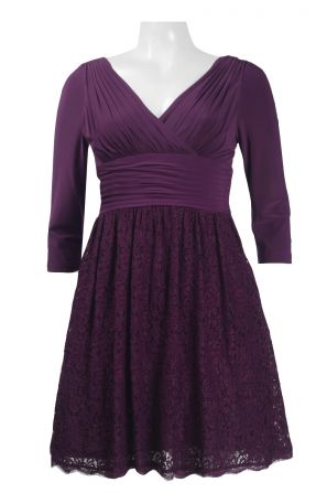 Adrianna Papell V-Neck Pleated Long 3/4 Sleeve Zipper Back Jersey Lace Dress