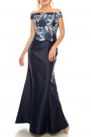 Adrianna Papell Powder Blue Multi Off-Shoulder Peplum Evening Dress